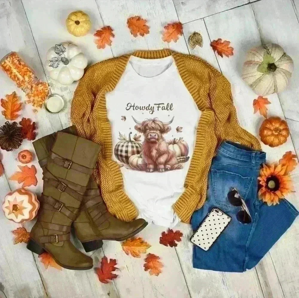 Nataly thyme howdy fall highland cow tee shirt